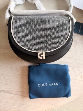 Cole Haan Black & Gray Herringbone Saddle Crossbody with Cream Trim